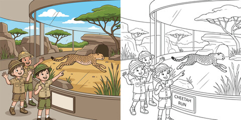 children watching cheetah run visiting zoo cartoon clipart and lineart print vector illustration for coloring book © Avijit