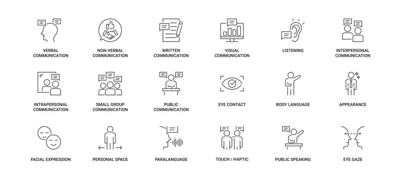Communication Skills icon set containing verbal, non-verbal, written, visual communication and listening. Eye contact, body language and paralanguage vector icons