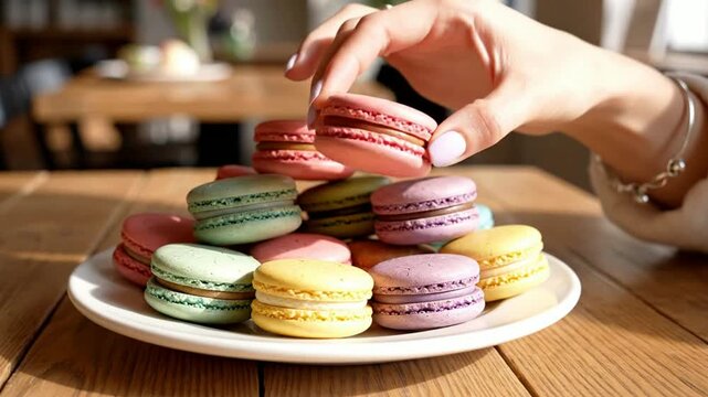 Hand picking colorful french macarons from a plate in a cozy cafe setting, gourmet dessert selection for bakery and patisserie marketing