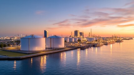 Obraz premium A tranquil sunset reflecting over large industrial tanks by the waterfront in an urban landscape