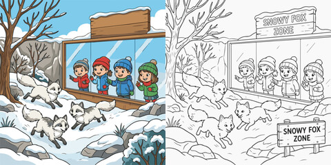 children exploring zoo arctic foxes visiting zoo cartoon clipart and lineart print vector illustration for coloring book © Avijit