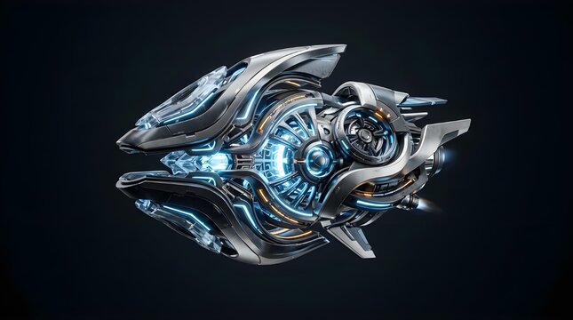 Futuristic Cyberpunk Biological Submarine or Spaceship Design, Intricate Chrome Mechanical Hull with Glowing Blue Light and Turbine Engine Detail on Dark Background