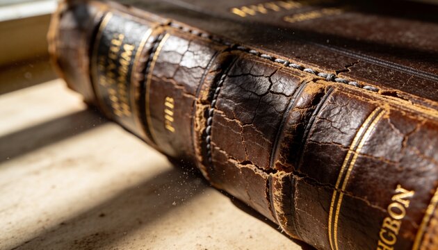 Lying antique leather book showing cracked spine and gold trim on pale windowsill, dust motes