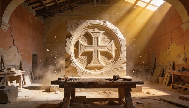 Displaying carved stone block with medallion cross, catching skylight in workshop with chisels
