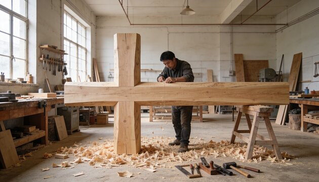 Shaping carpenter in work boots leaning over large cross beam at carpentry shop, with planes
