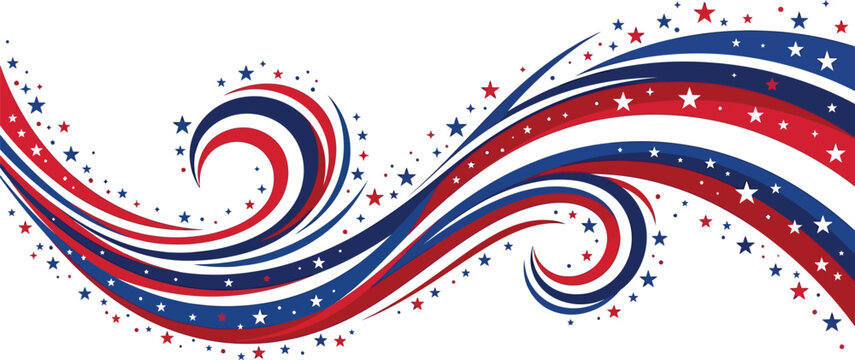 Stars dance amidst flowing red white and blue ribbons in a patriotic display.