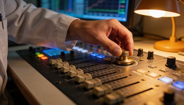 Turning right hand in white shirt cuff adjusting brass rotary encoder on mixing desk near monitors
