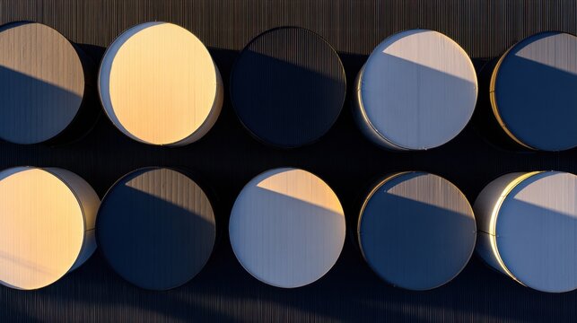 Aerial view of circular objects casting shadows in a linear arrangement on a flat surface