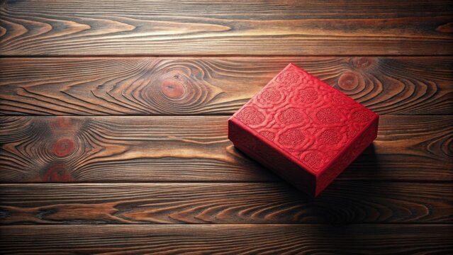 A crimson gift box with an ornate pattern rests on a dark wood surface