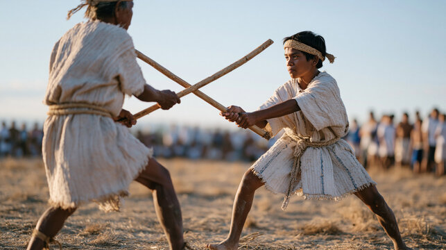 Community elders demonstrating traditional stick fighting techniques to youth athletes in a dry summer field, handmade equipment, focused footwork, cultural game revival event organized as part of a