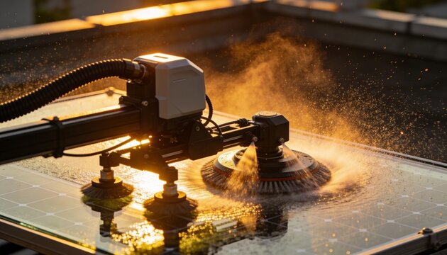 Operating robotic solar cleaner rotating brush scrubbing panel on roof, pads and hose spraying mist