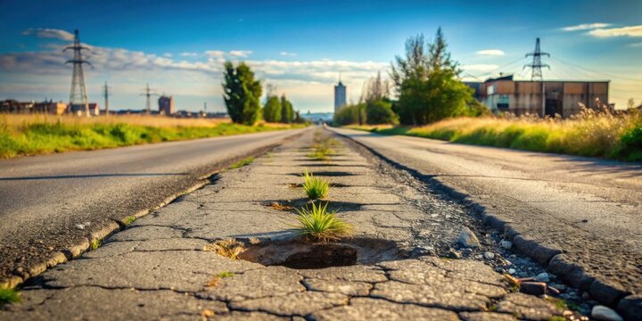 A sunlit asphalt road's edge shows significant deterioration, with cracks and potholes where resilient plants bravely sprout, a testament to nature's persistence amidst urban decay.