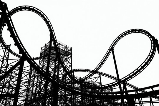 Black and white illustration shows complex rollercoaster structure with loops and curves against white background. Design emphasizes intricate engineering and thrilling excitement.