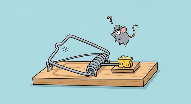 Cartoon mouse looking confused at a wooden mousetrap with cheese bait