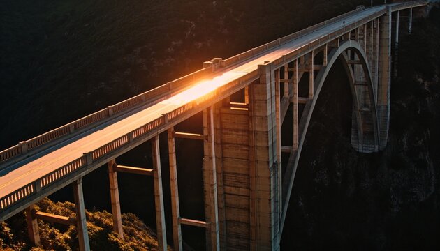 Crossing arched concrete bridge spanning shaded canyon at sunset, reflecting on deck and piers