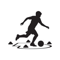 Fototapeta premium Silhouette of a runner navigating cones and a soccer ball on a white background