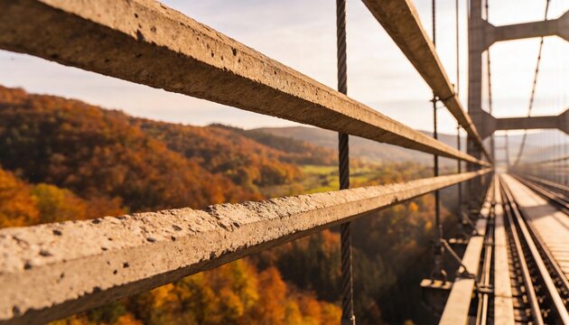 Drawing worn concrete guardrail bars leading along bridge deck toward autumn hills, showing cable