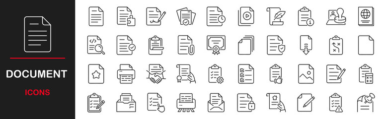 Document icon set. Clipboard outline icons. Containing text documents, files, lists, folders, contracts, and more. Vector illustration © mi-vector