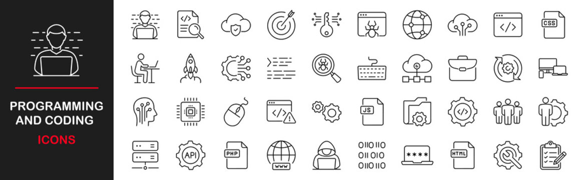 Programming and coding icon set. Software development icon collection. Contains such Icons as code, programmer, idea, advertising, app, archive, developer, information technology, coder and more