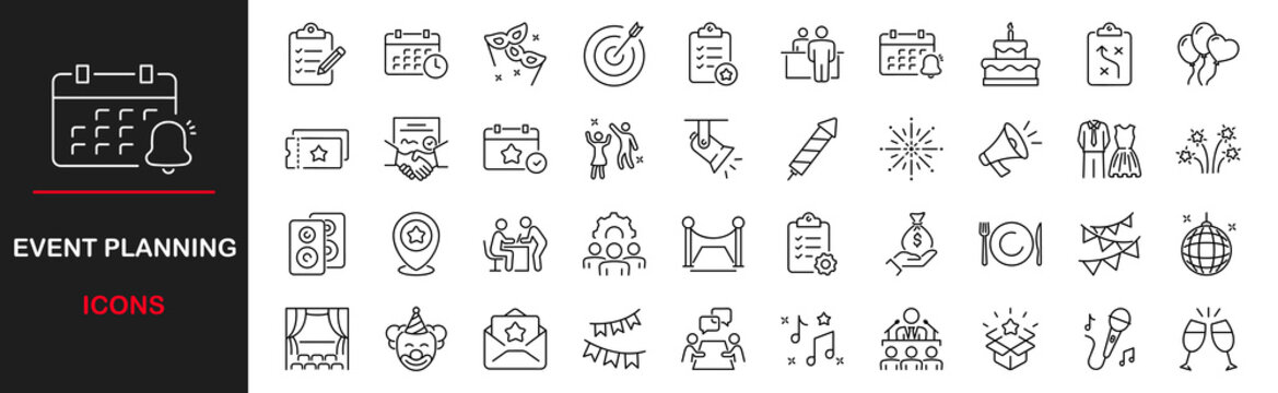Event planning icon set. Icons in linear style collection. Containing decorations, venue, event planner, registration, entertainment, catering,  invitations, coordination and more. Vector illustration