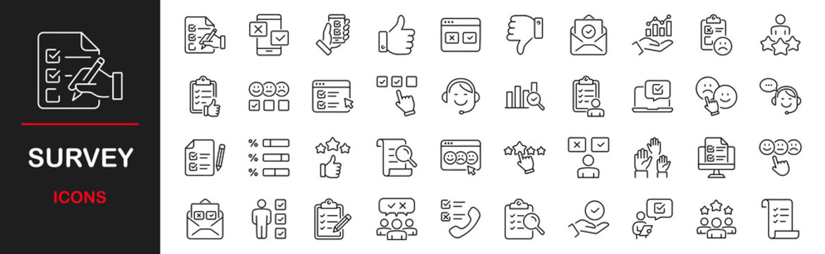 Survey icon set. Containing feedback, opinion, questionnaire, poll, research, data collection, review, satisfaction, answers, task, survey, list, clipboard, unhappy, checklist, and more