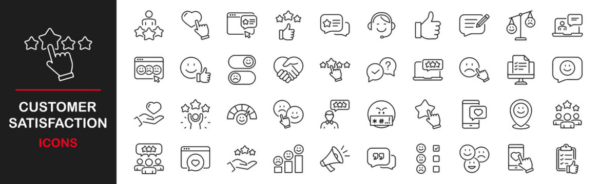 Customer satisfaction icon set. Feedback icons for web and mobile app. Icons in line style collection. Containing recommend, thankful, dislike, gratification, positive feedback and more