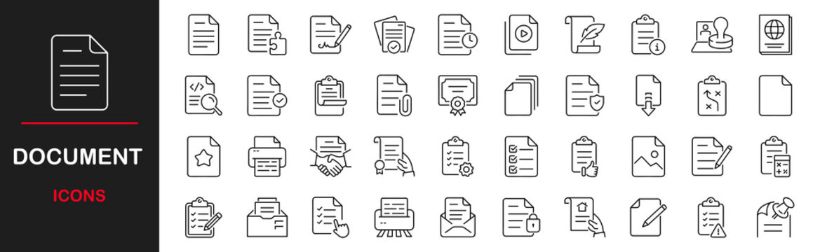 Document icon set. Clipboard outline icons. Containing text documents, files, lists, folders, contracts, and more. Vector illustration