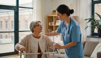 Obraz premium Helping nurse in blue scrubs leaning over senior using walker at home, with stethoscope and glasses