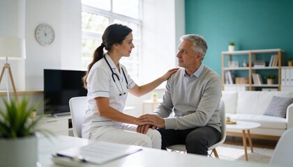 Fototapeta premium Comforting nurse in white scrubs, stethoscope holding senior's hand at home visit, clipboard nearby