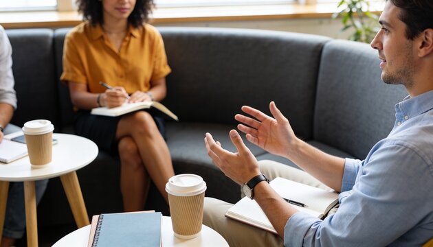Speaking man in light-blue shirt, gesturing while holding notes on lap at office lounge, copy space