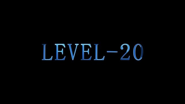 Level 20 text overlay, digital animation, futuristic font game interface