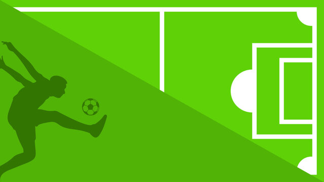 Sport Soccer Football Vector Background. Soccer Field Vector with Player Silhouette Kicking Ball