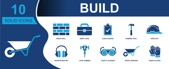 Construction icon set. Containing brick wall, briefcase, check board, hammer, hard hat, headphones, jack hammer, safety glasses, wheelbarrow, work gloves and more. Solid fill vector icons. © Asad
