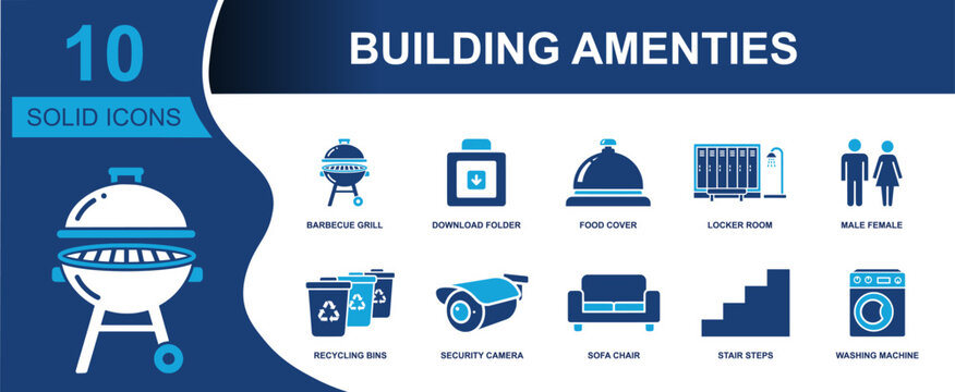 Building amenities icon set. Containing barbecue grill, food cover, locker room, restroom, recycling bins, security camera, sofa chair, stairs, washer and more. Solid fill vector icons.