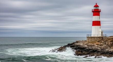 Obraz premium Iconic white and red lighthouse tower standing on a rugged, rocky shoreline against a vast, gray ocean background, symbolizing navigation and safety, outdoor, keeper, vast