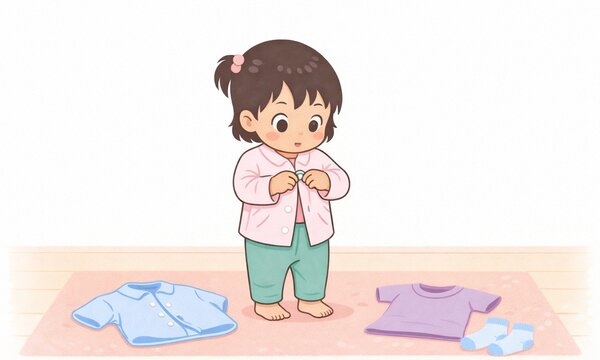 服を選んで着替えの練習をする子ども 生活習慣と幼児教育イラスト