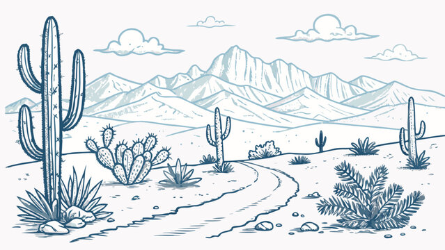Cactus plants in desert landscape scene.