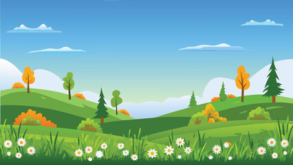 colorful landscape illustration with trees and wildflowers © PUNNABEGUM