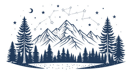 Obraz premium Mountain range with pine trees silhouette.
