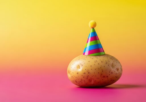Solitary, slightly lumpy potato donning a miniature, brightly colored, conical party hat, creating a moment of unexpected visual whimsy, festive, quirky, potato