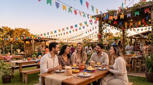 Arraial brasileiro moderno com decora&ccedil;&atilde;o minimalista e pessoas adultas aproveitando clima festivo ao ar livre