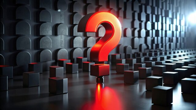 Illuminated Question Mark Among Geometric Shapes A Visual Representation of Inquiry and Uncertainty