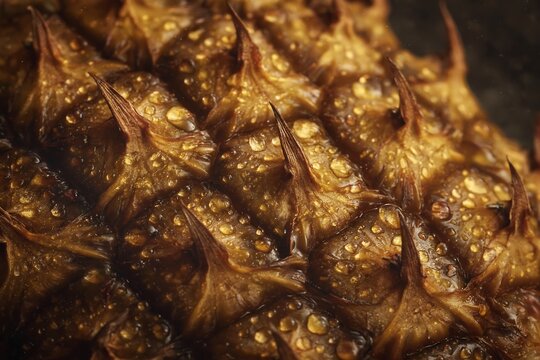 Macro of pineapple skin texture, water droplets on diamond pattern, dark golden background, warm dramatic lighting, tropical advertising