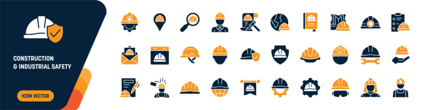 Construction and Industrial Safety Helmet Icon Set, Work Protection Equipment Pack. editable vector solid illustration