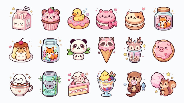 A delightful collection of cute kawaii animal and food illustrations, featuring desserts, drinks, and adorable creatures in a charming cartoon style.