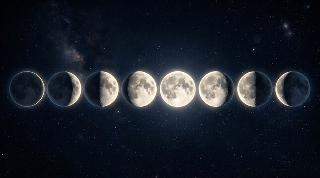 Lunar Cycle Showing Moon Phases in Starry Night Space