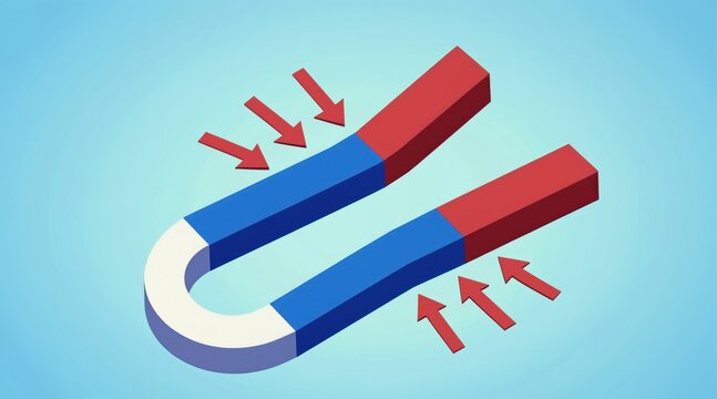 Horseshoe magnet bends blue and red poles. Red arrows show magnetic field lines. Physics illustration visualizes attraction or repulsion concepts. Science education graphic.