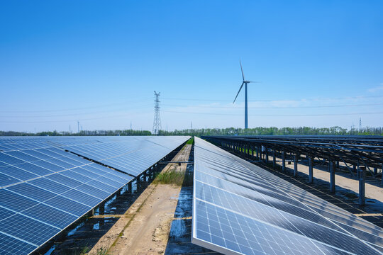 Coastal New Energy Base with Solar Panels and Wind Turbines