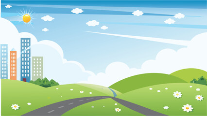 Fototapeta premium stylized landscape with road buildings and sunny sky