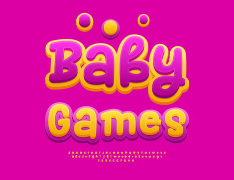 Vector Festive template Gaby games. Funny Kids Font. Bright Yellow and Pink Alphabet Letters and Numbers set.